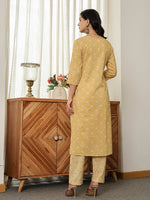 Thumbnail for Yufta Yellow Floral Thread Work Straight Kurta Trouser Dupatta Set