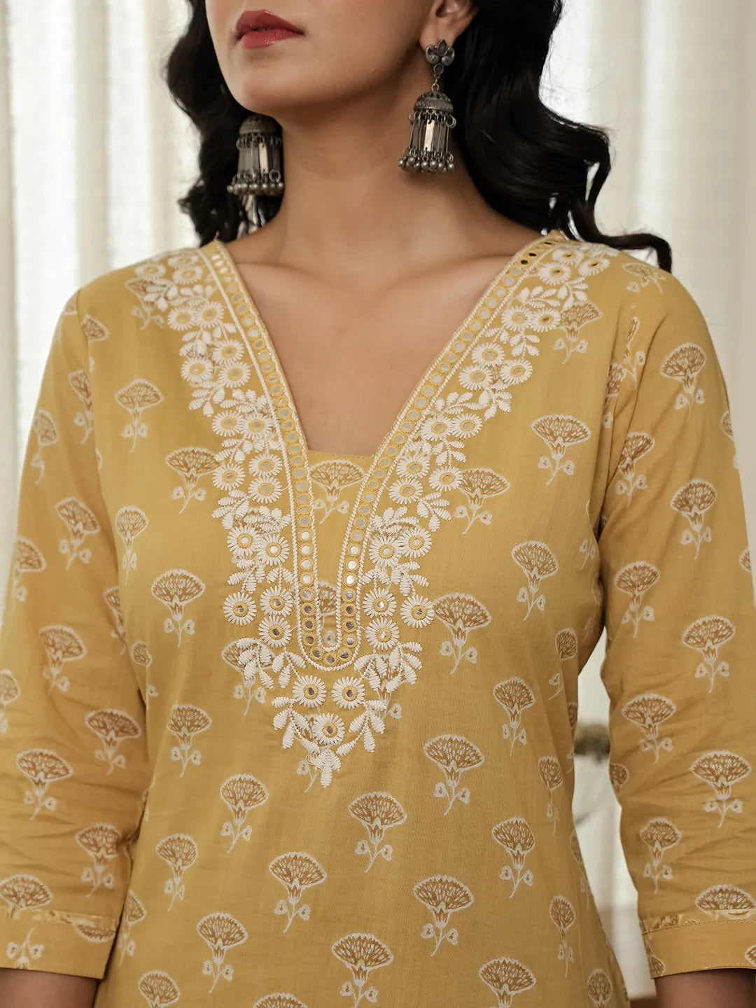 Yufta Yellow Floral Thread Work Straight Kurta Trouser Dupatta Set