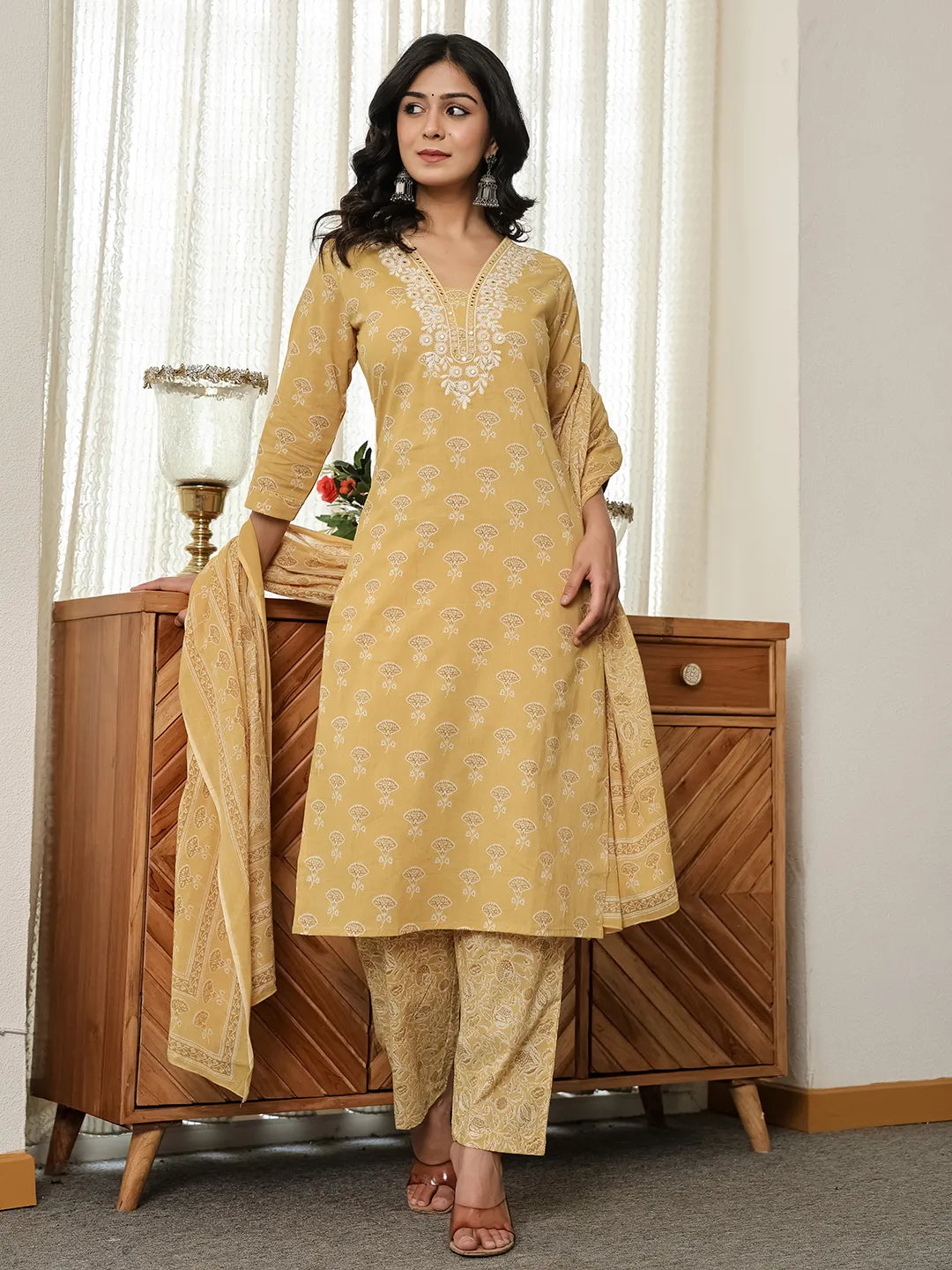 Yufta Yellow Floral Thread Work Straight Kurta Trouser Dupatta Set