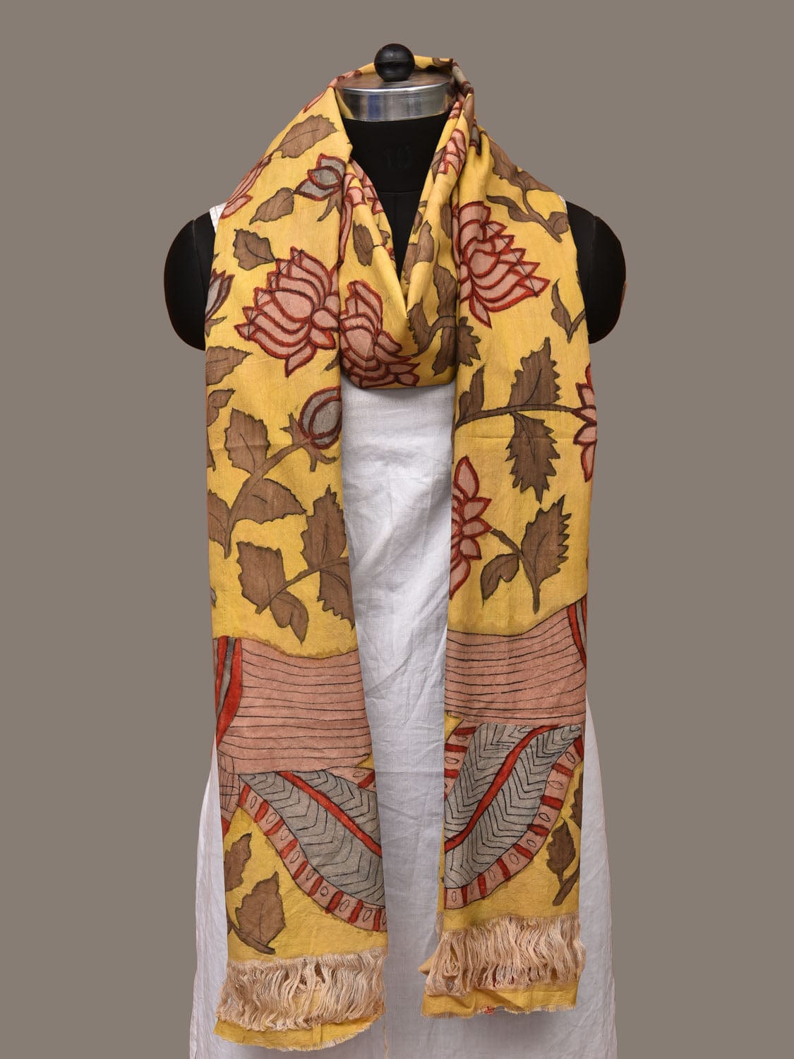 Yellow Kalamkari Hand Painted Cotton Handloom Dupatta with Lotus Flowers Design - Global Threads - Distacart