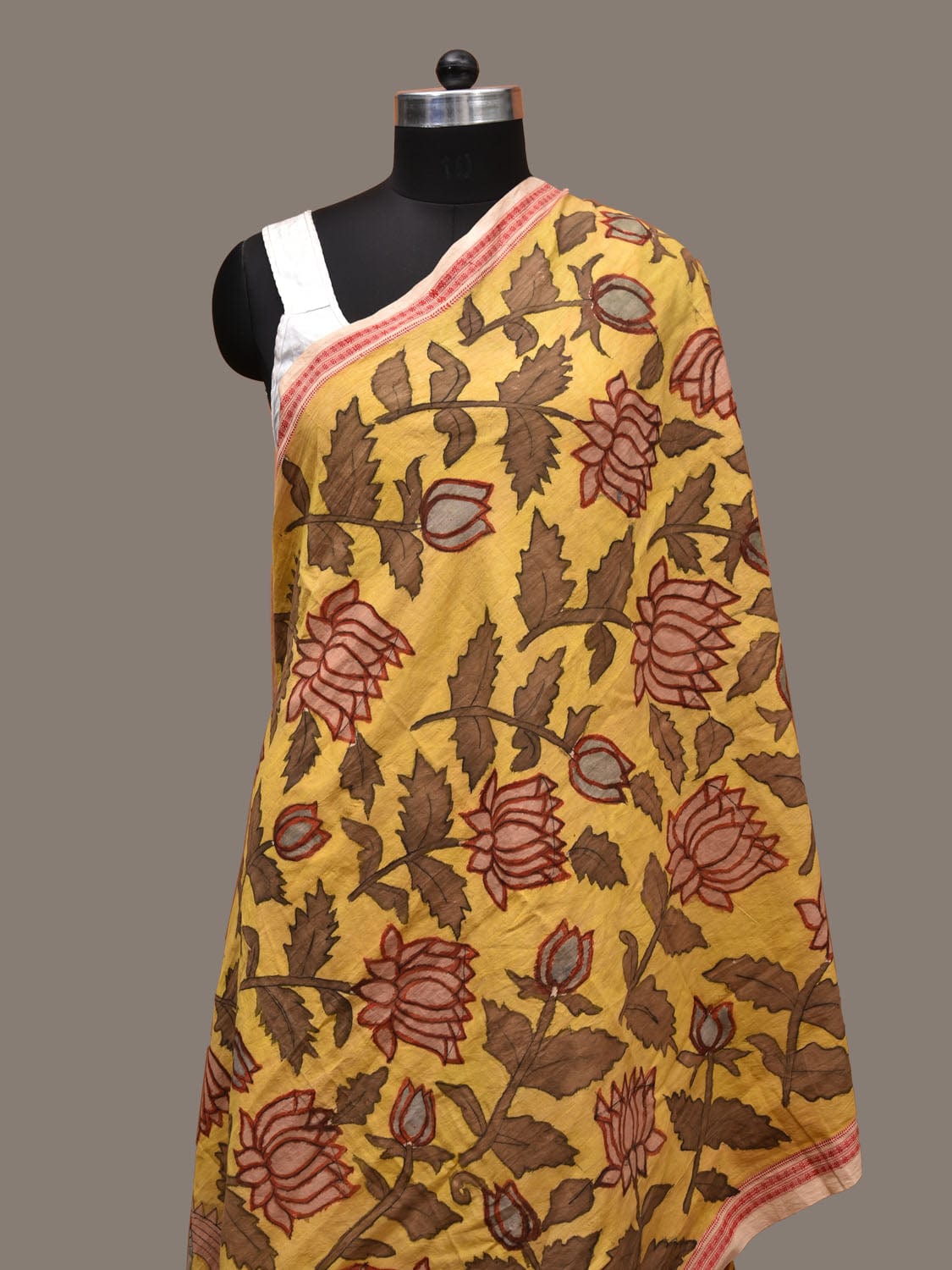 Yellow Kalamkari Hand Painted Cotton Handloom Dupatta with Lotus Flowers Design - Global Threads - Distacart