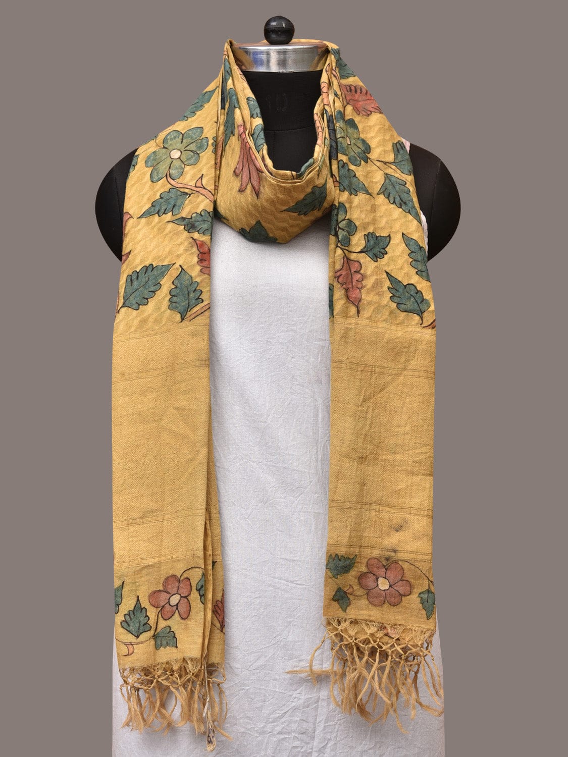Yellow Kalamkari Hand Painted Cotton Silk Handloom Dupatta with Lotus and Birds Design - Global Threads - Distacart