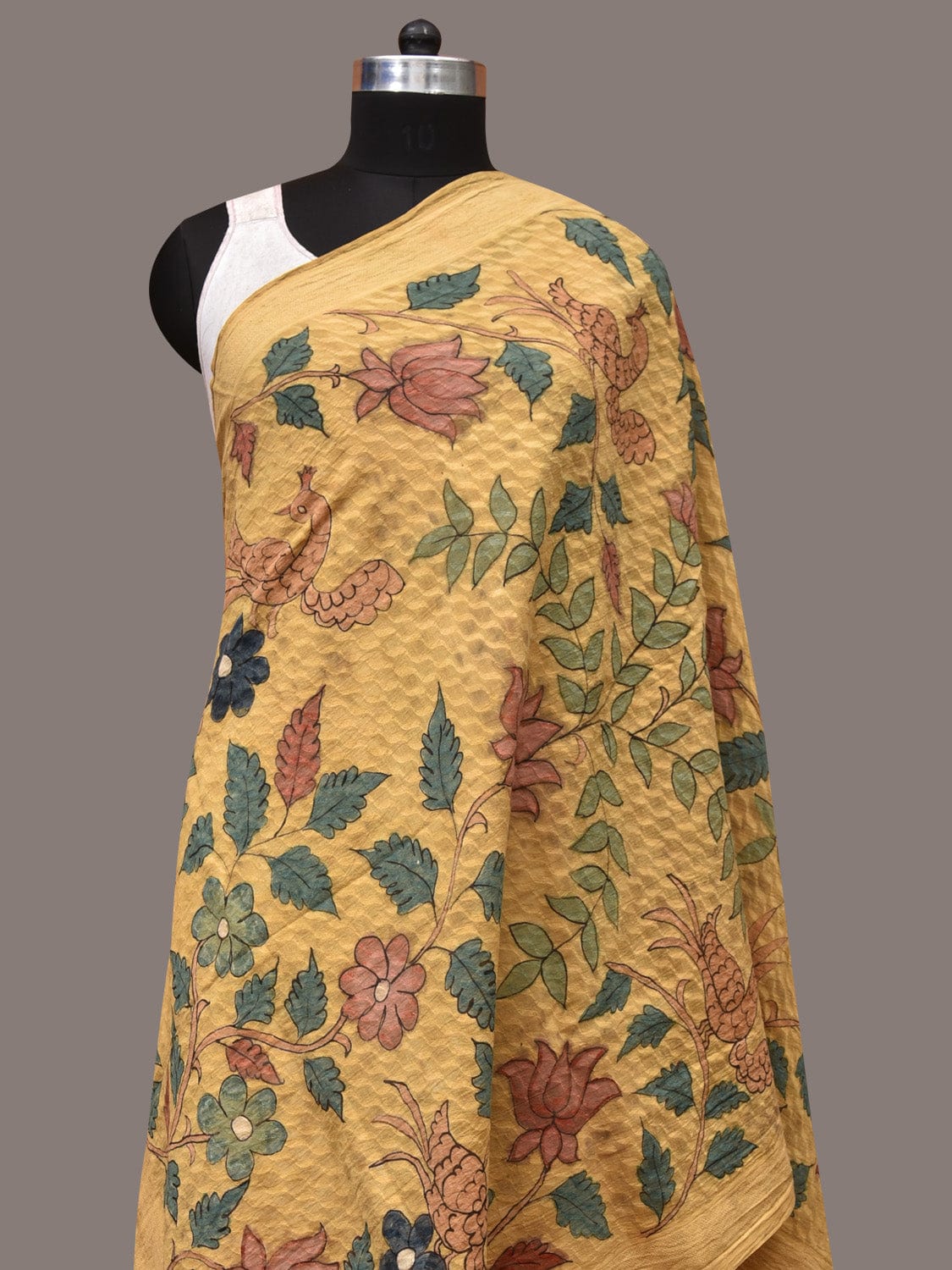Yellow Kalamkari Hand Painted Cotton Silk Handloom Dupatta with Lotus and Birds Design - Global Threads - Distacart