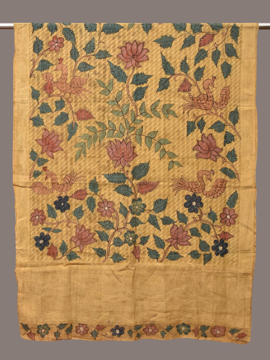 Yellow Kalamkari Hand Painted Cotton Silk Handloom Dupatta with Lotus and Birds Design - Global Threads - Distacart