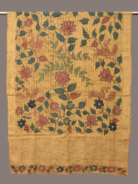 Thumbnail for Yellow Kalamkari Hand Painted Cotton Silk Handloom Dupatta with Lotus and Birds Design - Global Threads - Distacart