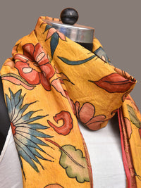 Thumbnail for Yellow Kalamkari Hand Painted Kanchipuram Silk Handloom Dupatta with Floral Design - Global Threads - Distacart