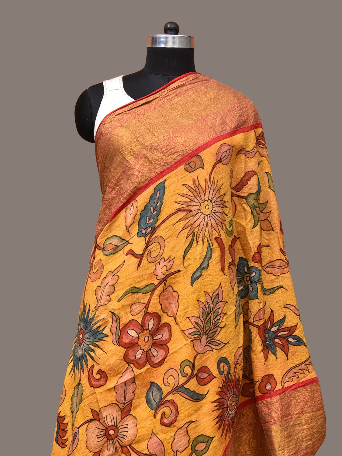 Yellow Kalamkari Hand Painted Kanchipuram Silk Handloom Dupatta with Floral Design - Global Threads - Distacart