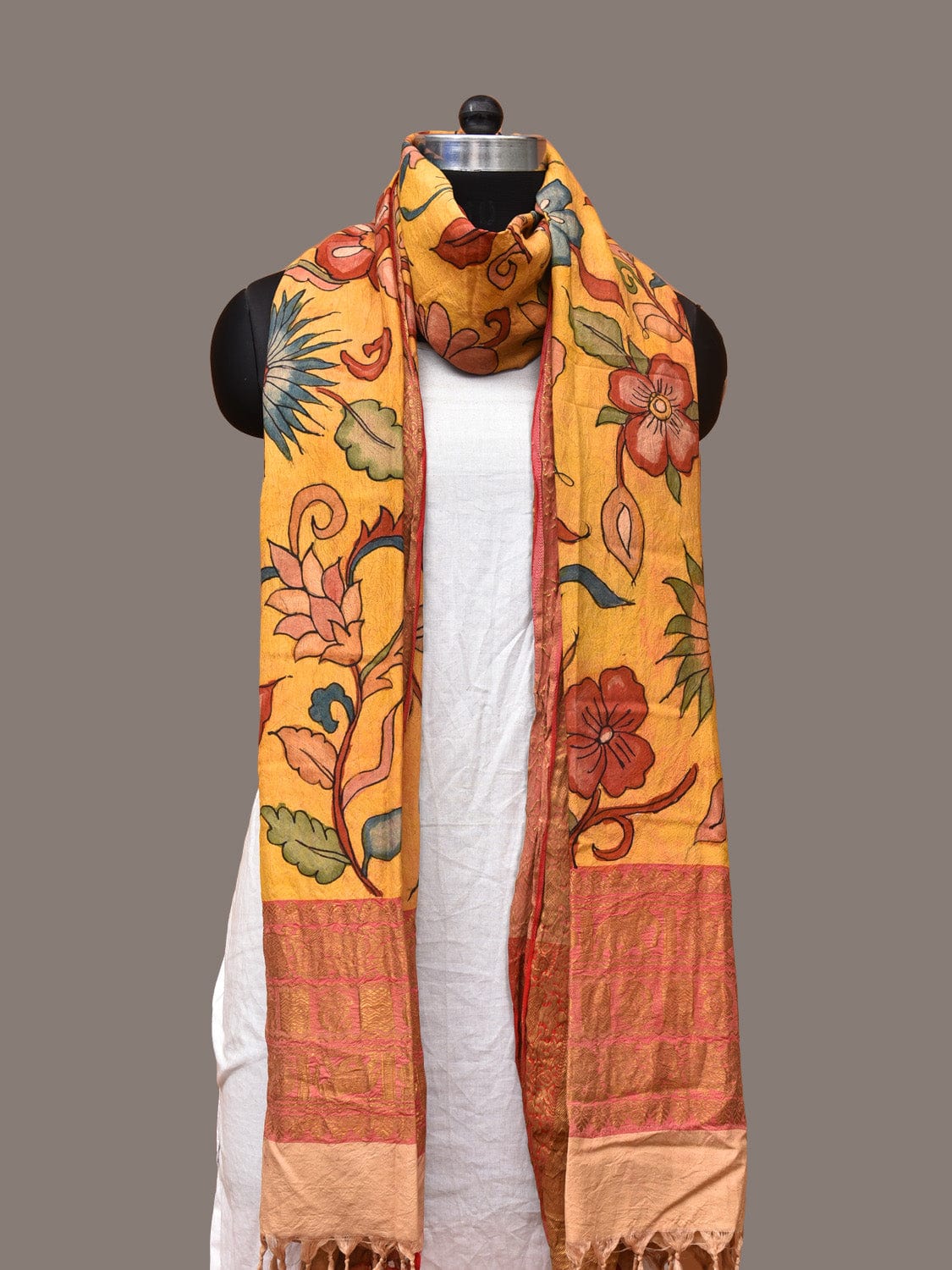 Yellow Kalamkari Hand Painted Kanchipuram Silk Handloom Dupatta with Floral Design - Global Threads - Distacart