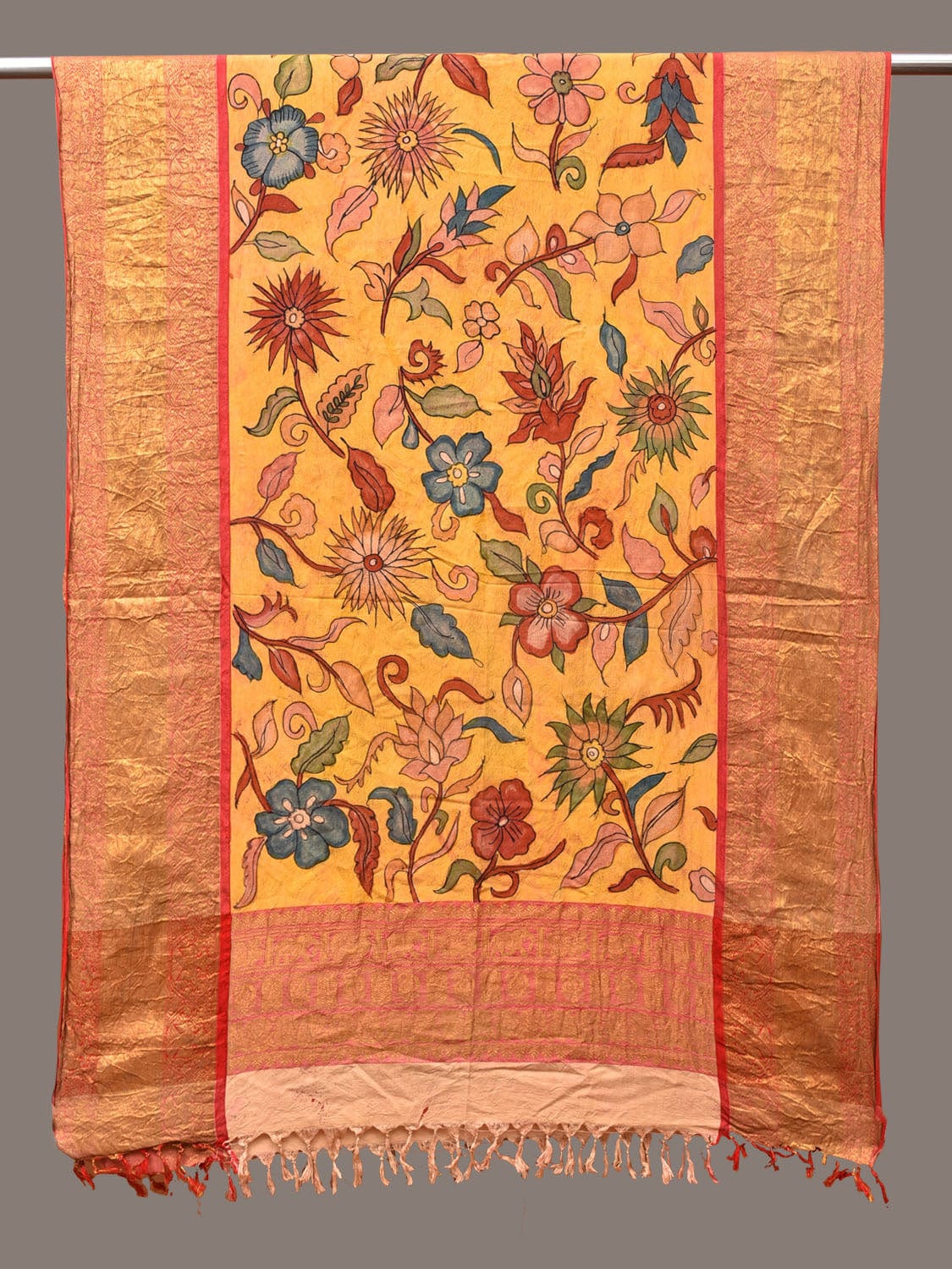Yellow Kalamkari Hand Painted Kanchipuram Silk Handloom Dupatta with Floral Design - Global Threads - Distacart