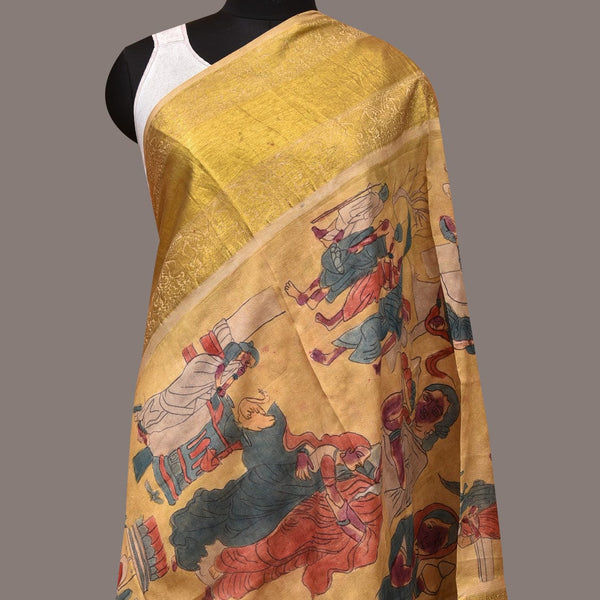 Yellow Kalamkari Hand Painted Kanchipuram Silk Handloom Dupatta with Painting Design - Global Threads - Distacart