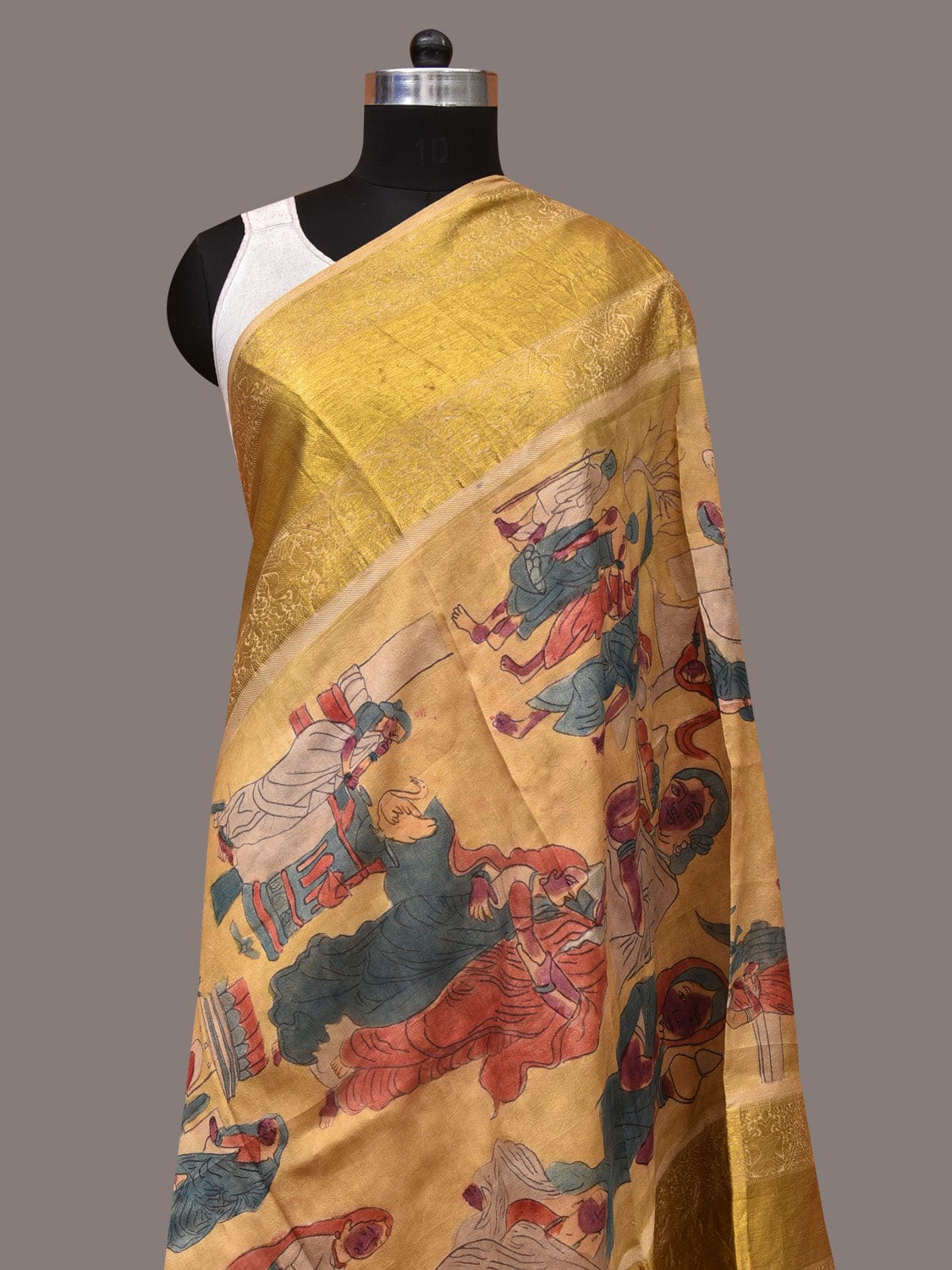 Yellow Kalamkari Hand Painted Kanchipuram Silk Handloom Dupatta with Painting Design - Global Threads - Distacart