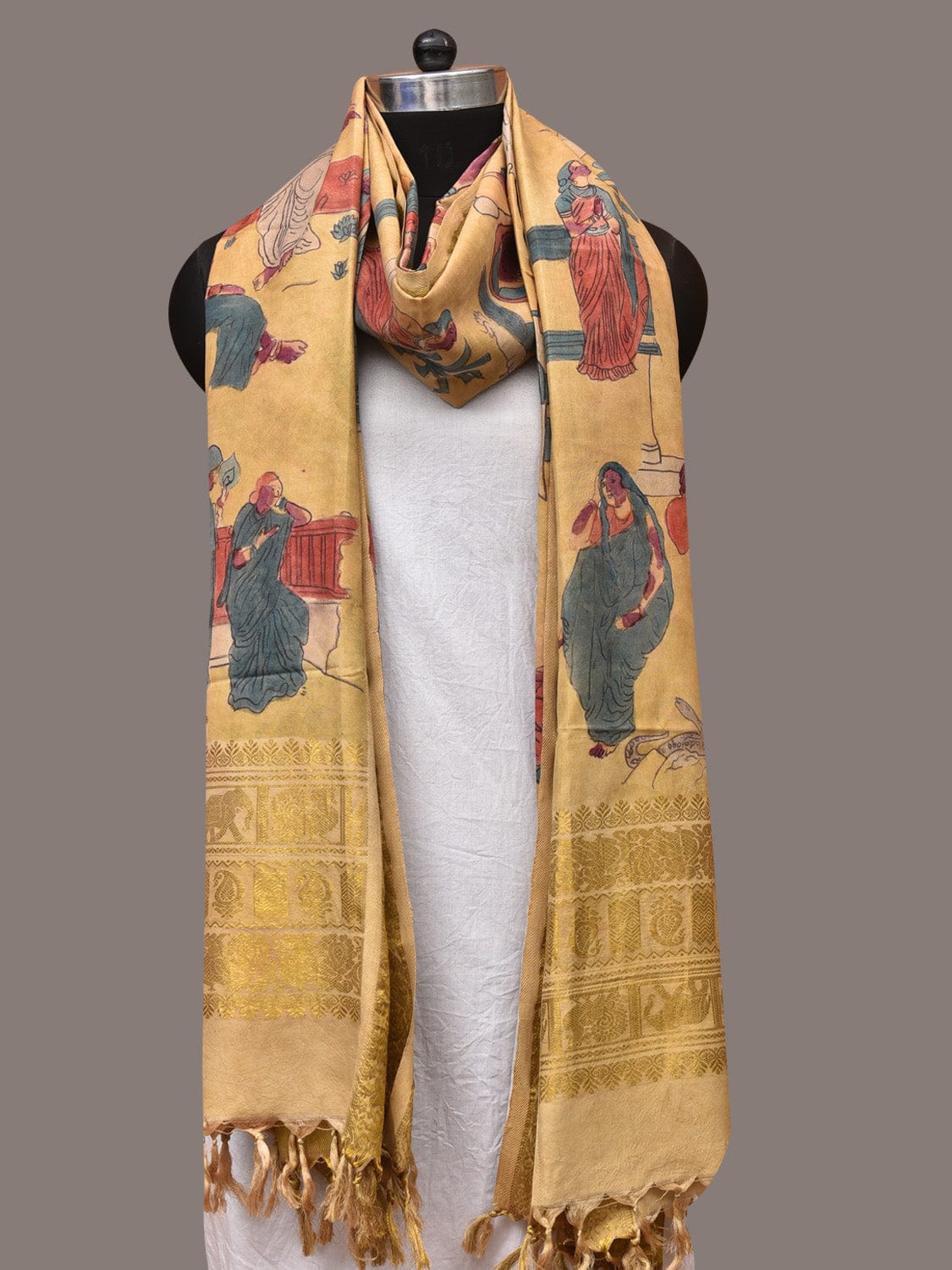 Yellow Kalamkari Hand Painted Kanchipuram Silk Handloom Dupatta with Painting Design - Global Threads - Distacart