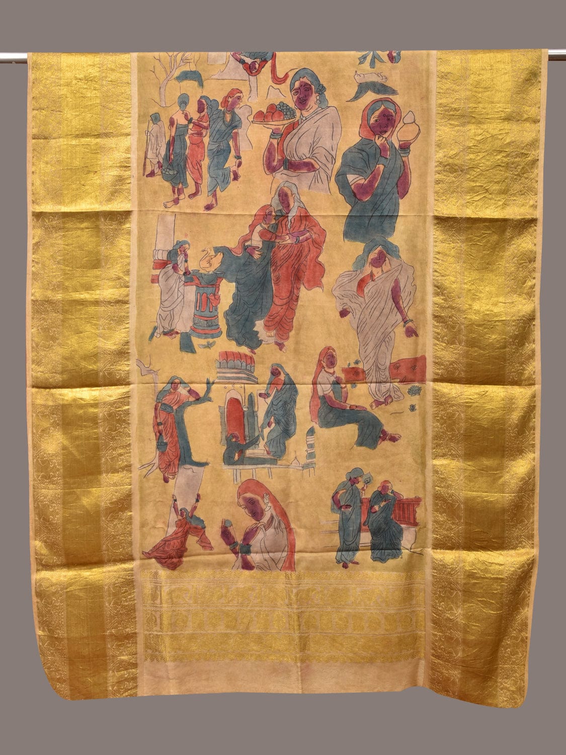 Yellow Kalamkari Hand Painted Kanchipuram Silk Handloom Dupatta with Painting Design - Global Threads - Distacart