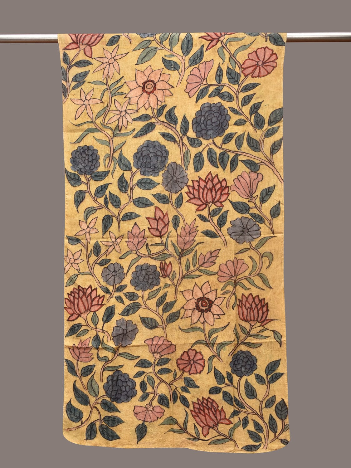 Yellow Kalamkari Hand Painted Sico Stole with Floral Design - Global Threads - Distacart