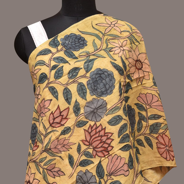 Yellow Kalamkari Hand Painted Sico Stole with Floral Design - Global Threads - Distacart