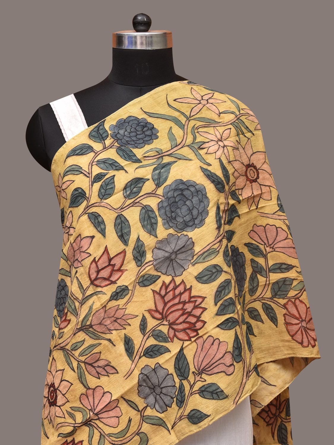 Yellow Kalamkari Hand Painted Sico Stole with Floral Design - Global Threads - Distacart