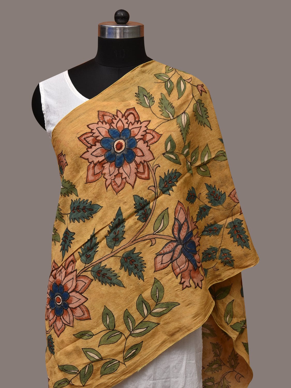 Yellow Kalamkari Hand Painted Sico Stole with Floral Design - Global Threads - Distacart