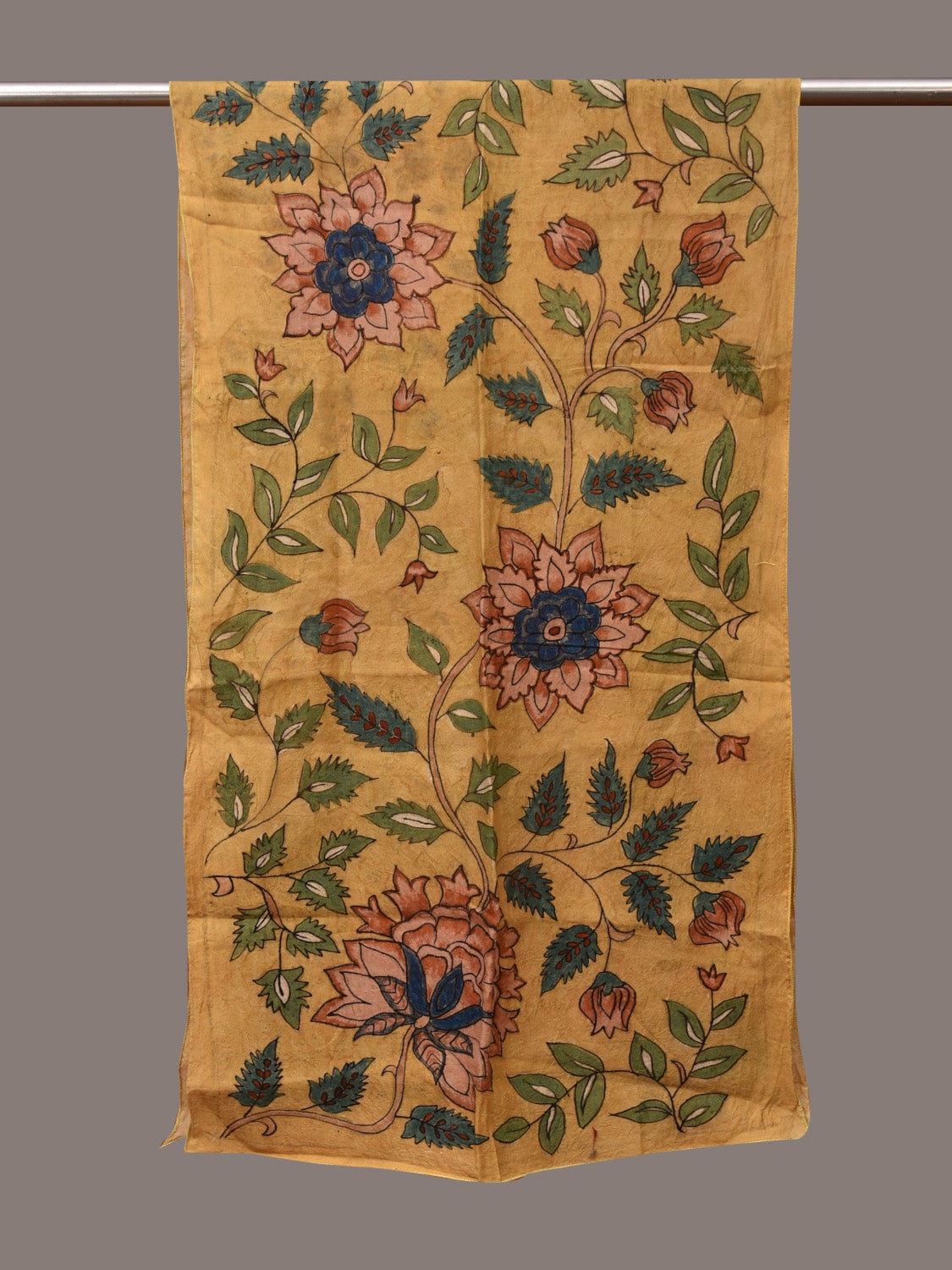Yellow Kalamkari Hand Painted Sico Stole with Floral Design - Global Threads - Distacart