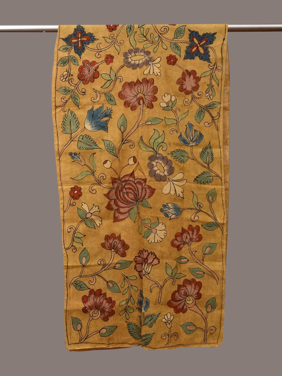 Yellow Kalamkari Hand Painted Sico Stole with Floral Design - Global Threads - Distacart