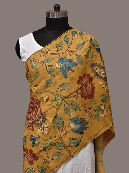 Yellow Kalamkari Hand Painted Sico Stole with Floral Design - Global Threads - Distacart