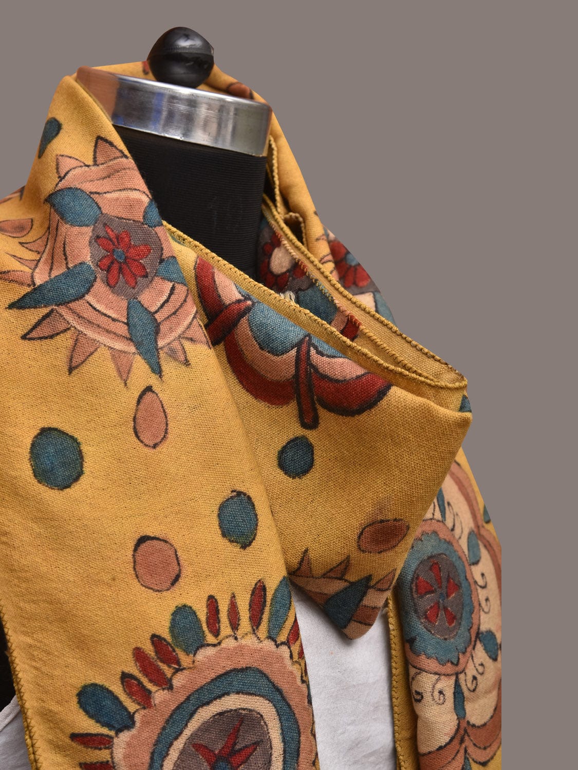 Yellow Kalamkari Hand Painted Woolen Handloom Stole with Floral Design - Global Threads - Distacart