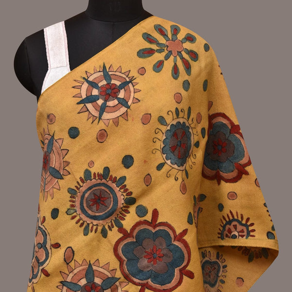 Yellow Kalamkari Hand Painted Woolen Handloom Stole with Floral Design - Global Threads - Distacart