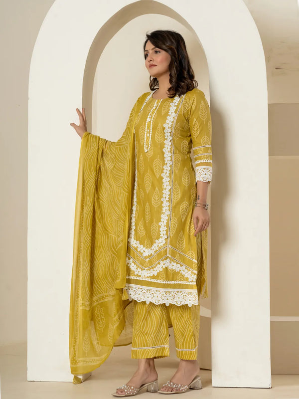 Yufta Yellow Patch Work Pure Cotton Straight Kurta And Dupatta Set