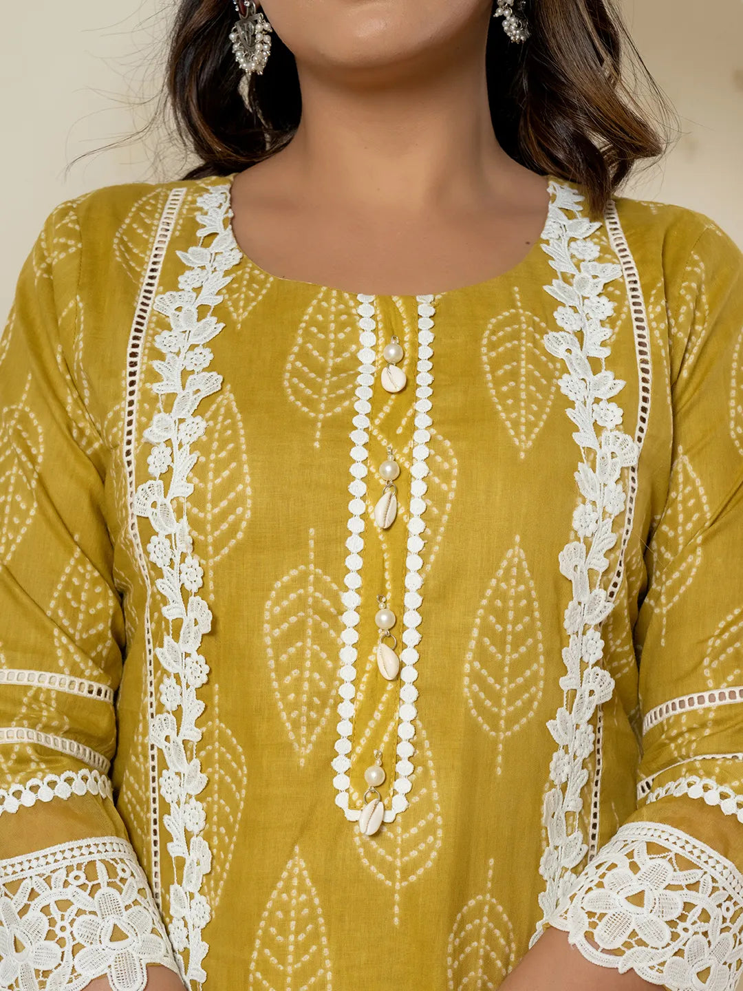 Yufta Yellow Patch Work Pure Cotton Straight Kurta And Dupatta Set