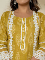 Thumbnail for Yufta Yellow Patch Work Pure Cotton Straight Kurta And Dupatta Set