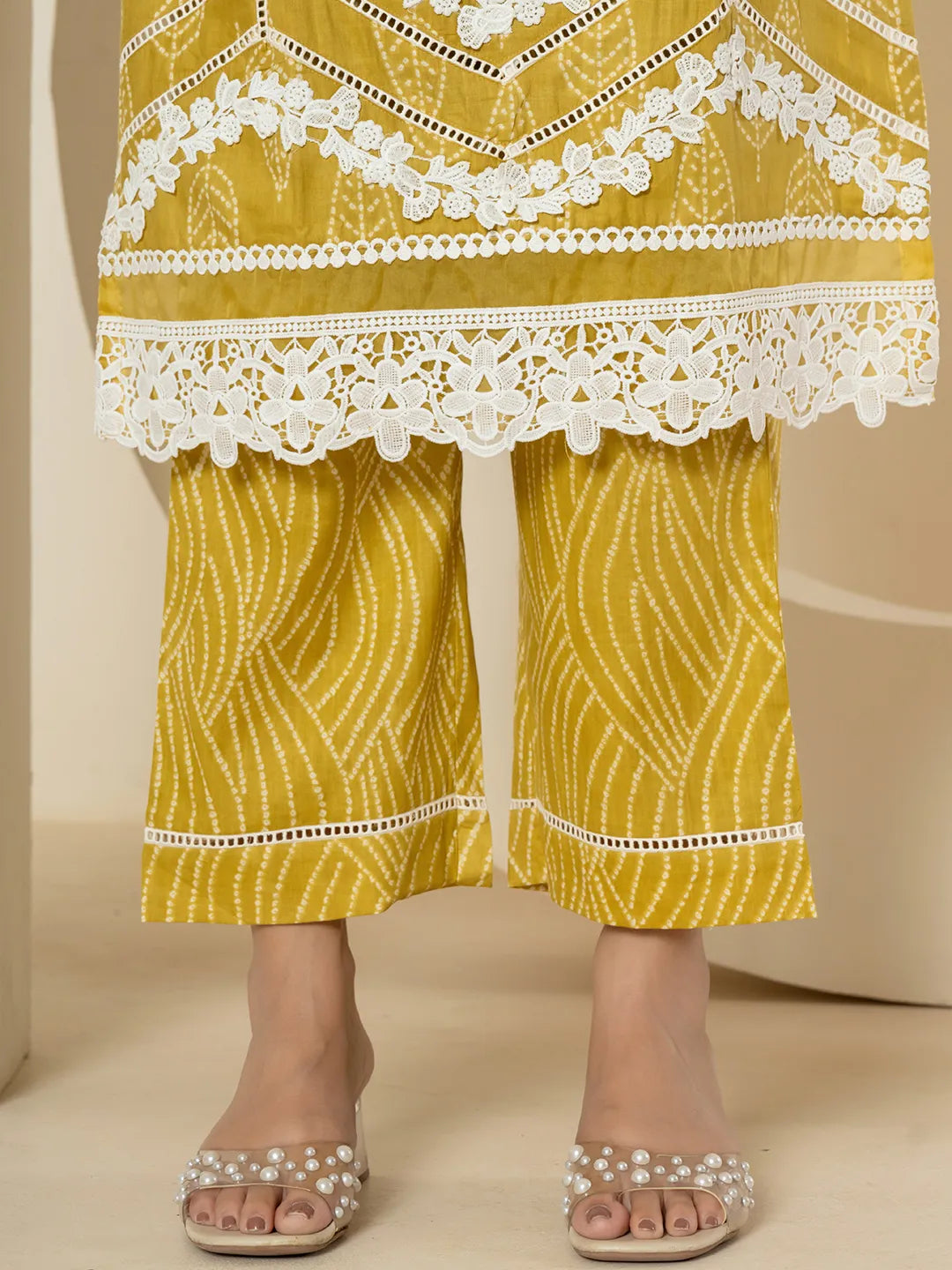Yufta Yellow Patch Work Pure Cotton Straight Kurta And Dupatta Set