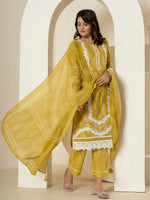 Thumbnail for Yufta Yellow Patch Work Pure Cotton Straight Kurta And Dupatta Set