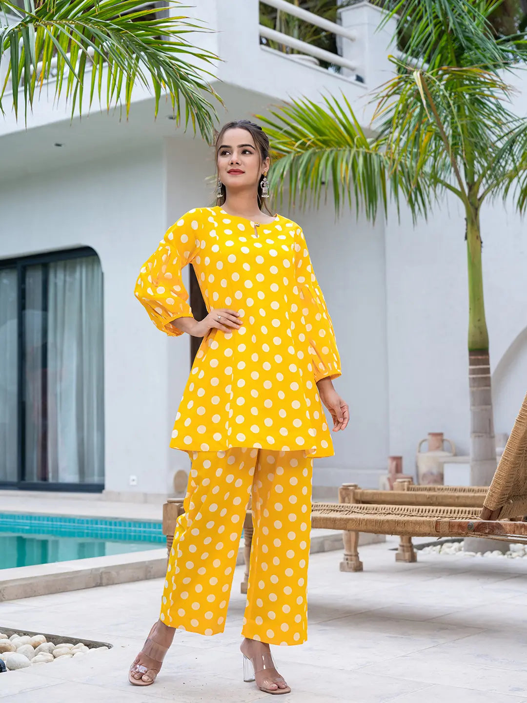 Yufta Yellow Polka Dot Print Top And Trouser Co Ord Set - Distacart