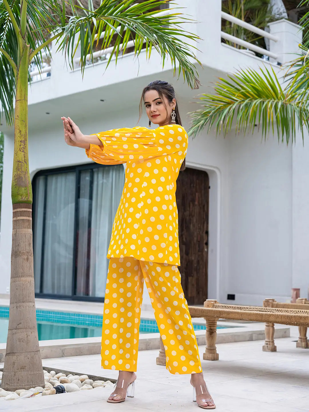 Yufta Yellow Polka Dot Print Top And Trouser Co Ord Set - Distacart
