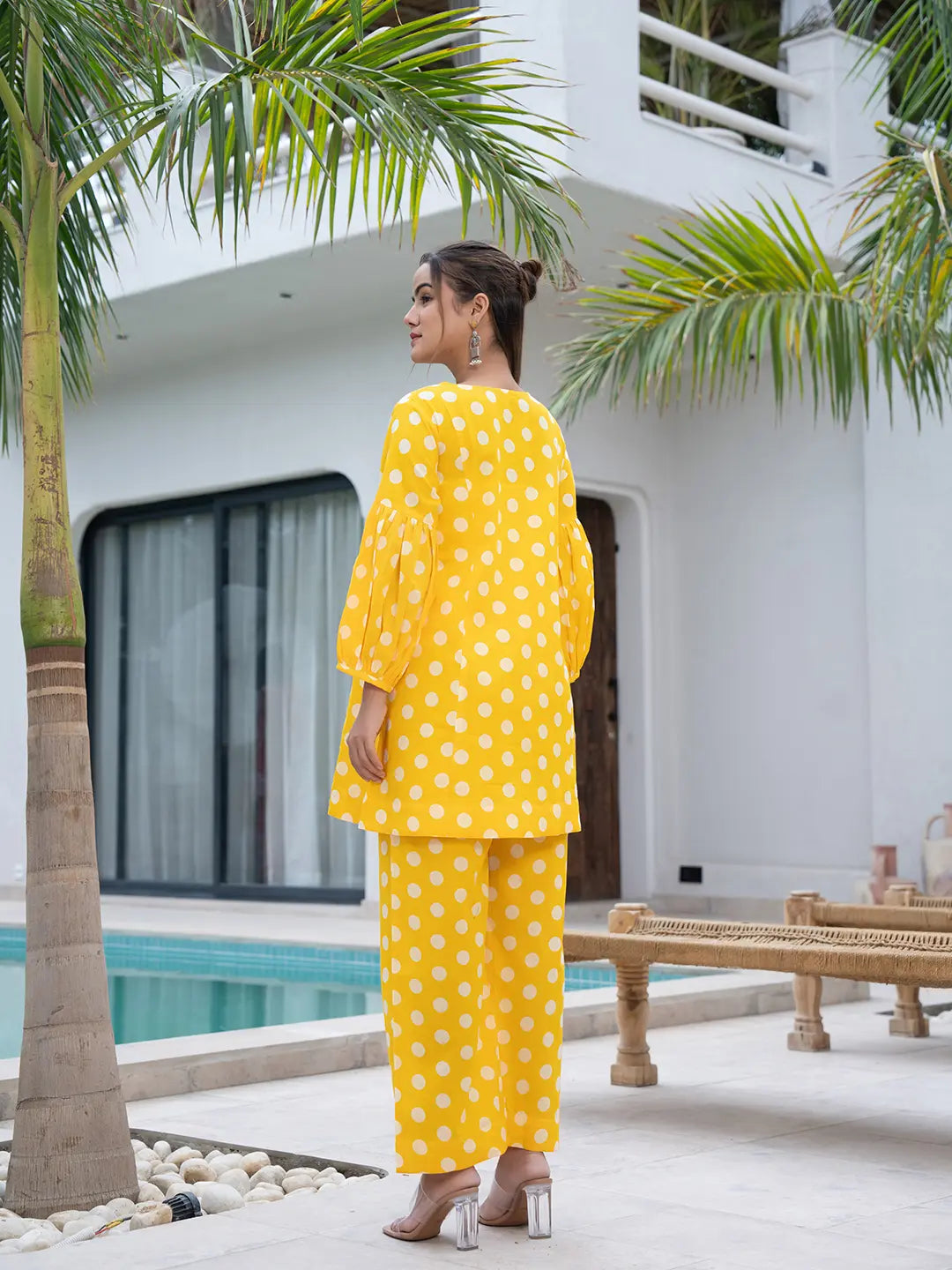 Yufta Yellow Polka Dot Print Top And Trouser Co Ord Set