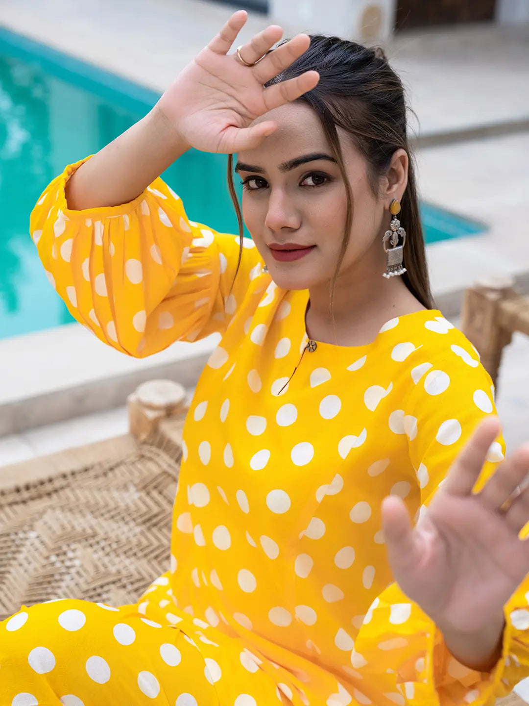 Yufta Yellow Polka Dot Print Top And Trouser Co Ord Set