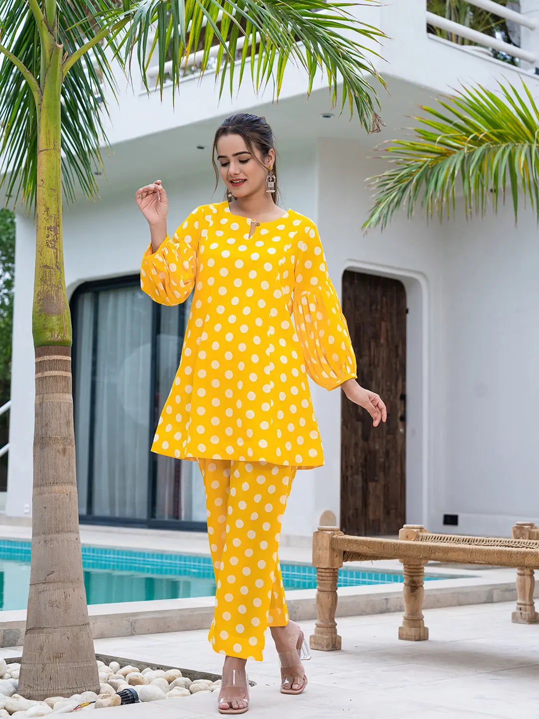 Yufta Yellow Polka Dot Print Top And Trouser Co Ord Set
