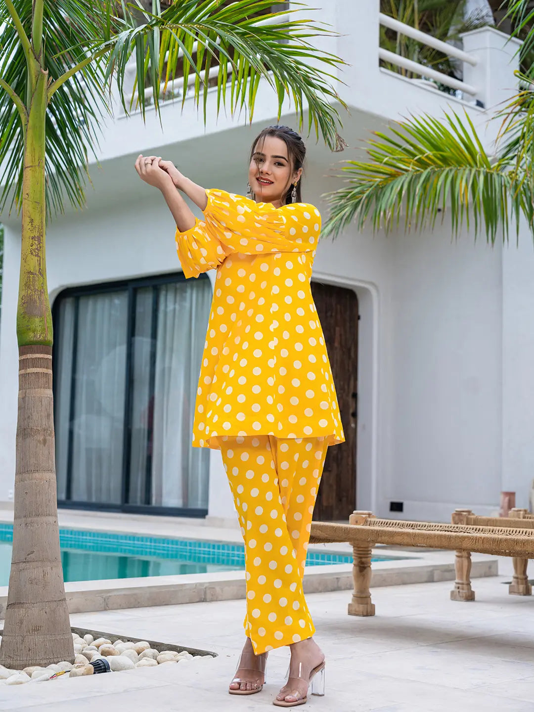 Yufta Yellow Polka Dot Print Top And Trouser Co Ord Set