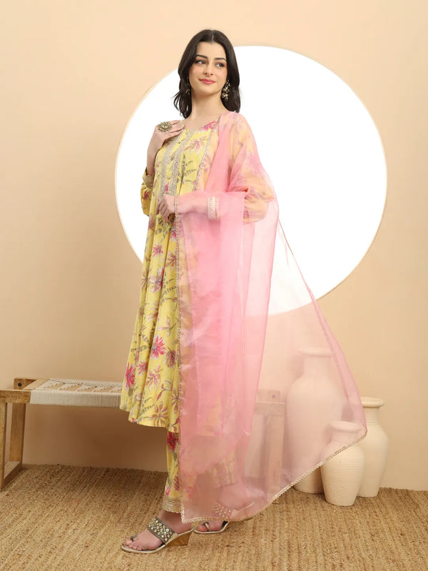 Yufta Yellow Printed Silk Embroidered Kurta Dupatta Set