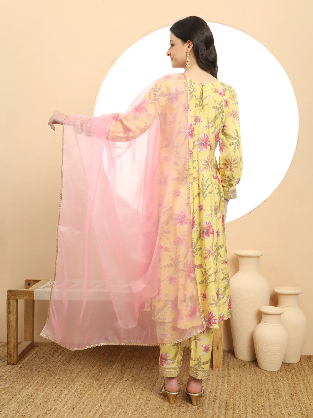 Yufta Yellow Printed Silk Embroidered Kurta Dupatta Set