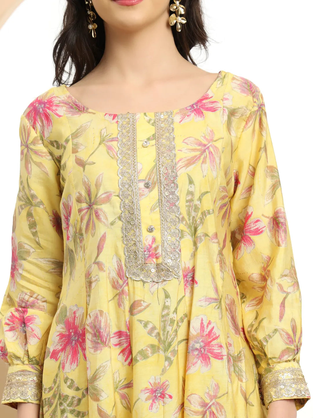 Yufta Yellow Printed Silk Embroidered Kurta Dupatta Set