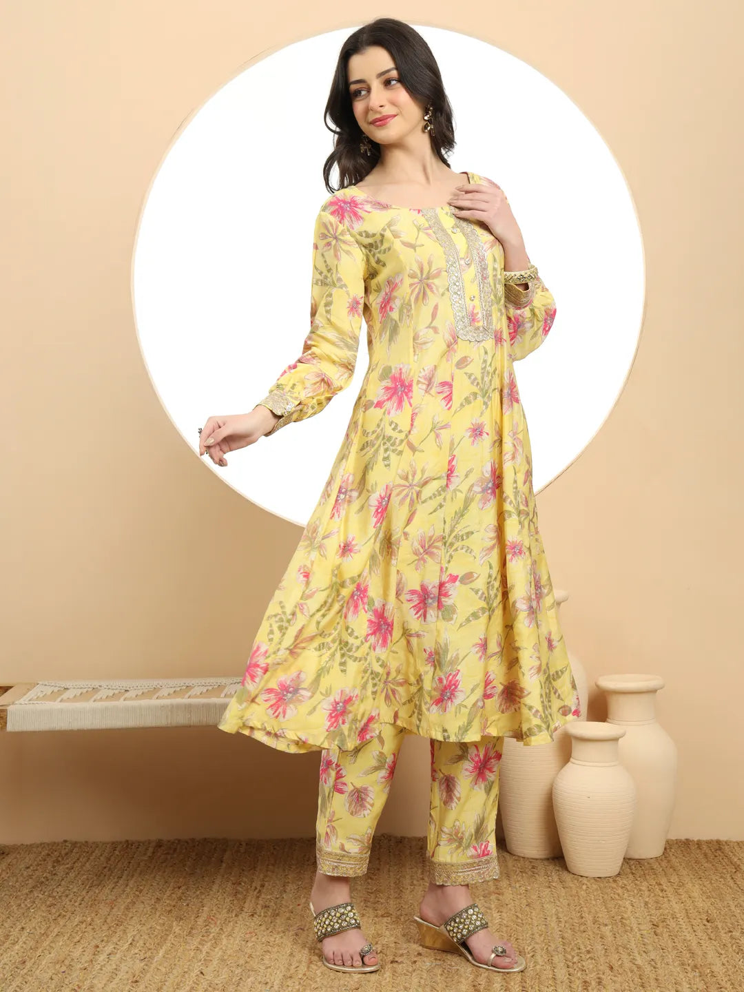Yufta Yellow Printed Silk Embroidered Kurta Dupatta Set