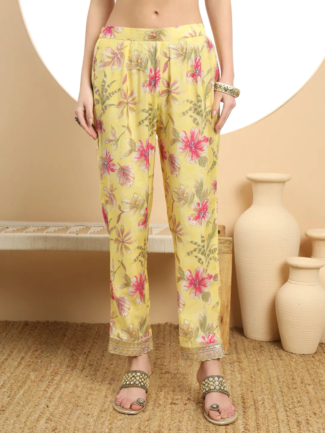 Yufta Yellow Printed Silk Embroidered Kurta Dupatta Set