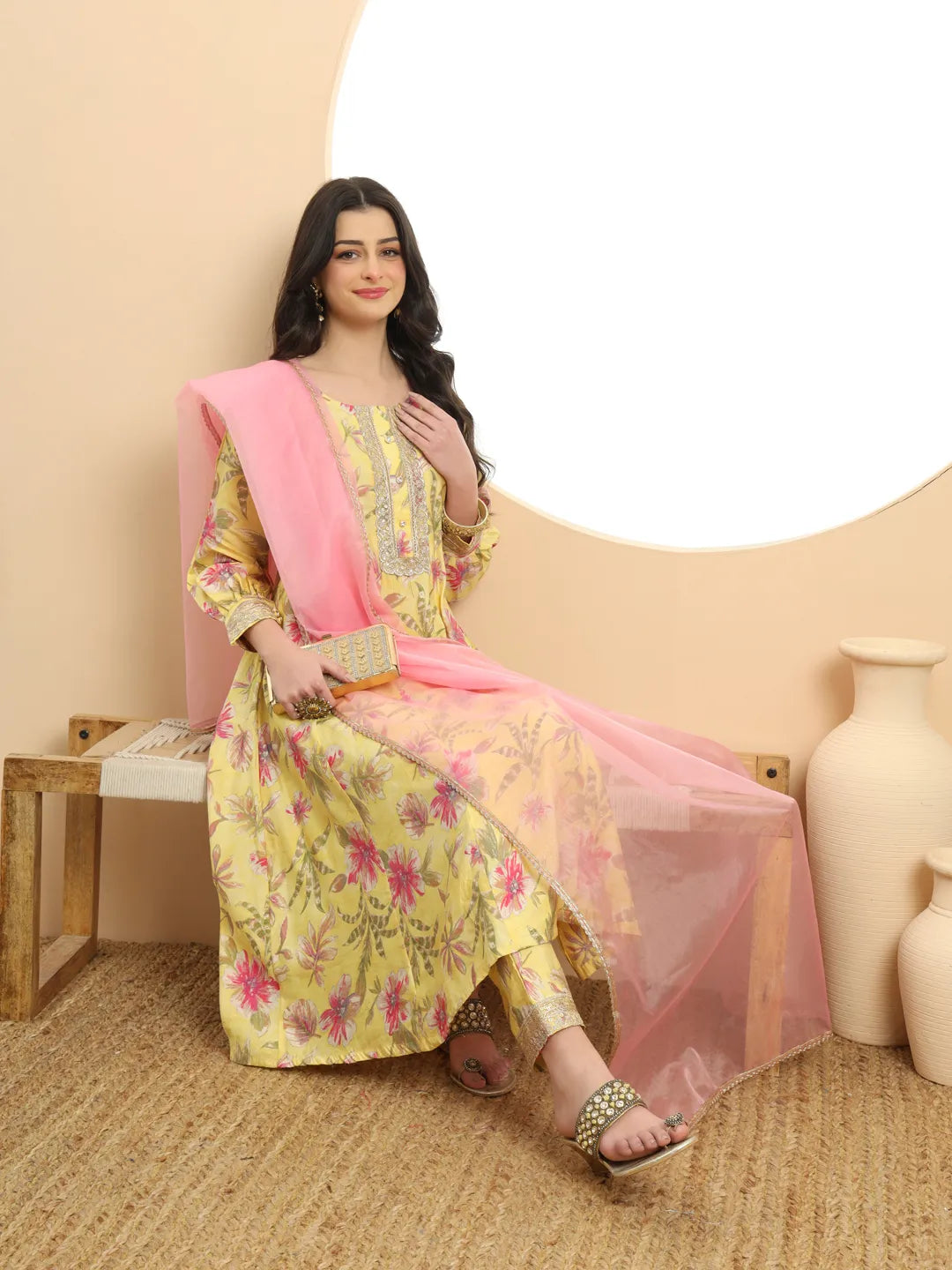 Yufta Yellow Printed Silk Embroidered Kurta Dupatta Set