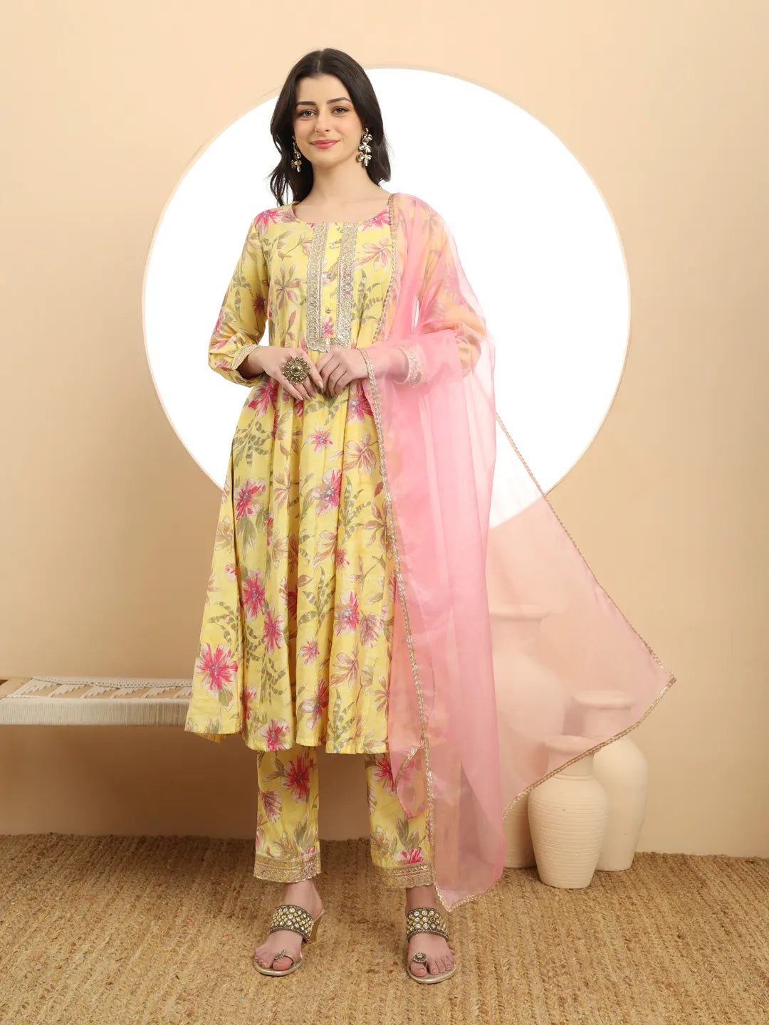 Yufta Yellow Printed Silk Embroidered Kurta Dupatta Set - Distacart