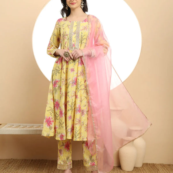 Yufta Yellow Printed Silk Embroidered Kurta Dupatta Set - Distacart