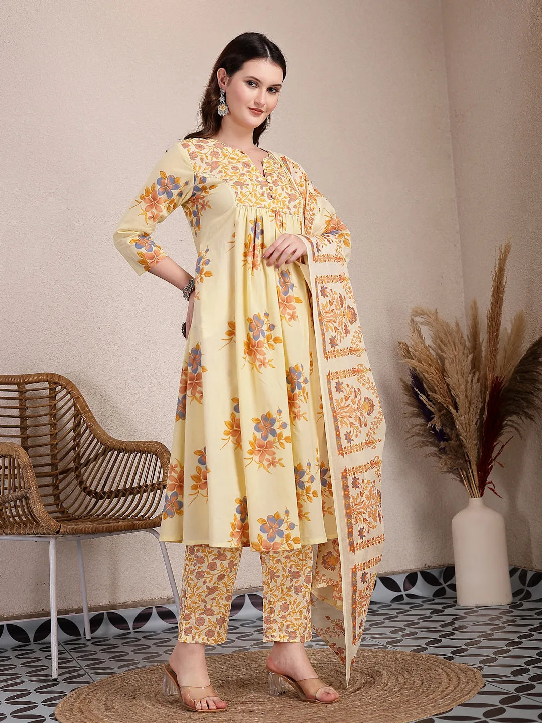 Yufta Yellow Pure Cotton A-Line Pleated Kurta Dupatta Pant Set - Distacart