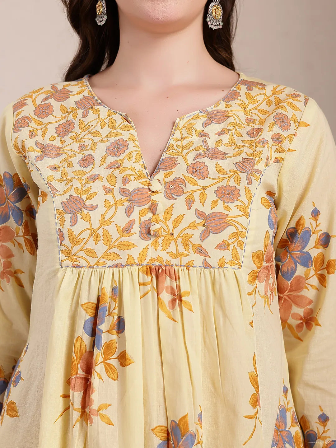 Yufta Yellow Pure Cotton A-Line Pleated Kurta Dupatta Pant Set