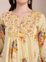Thumbnail for Yufta Yellow Pure Cotton A-Line Pleated Kurta Dupatta Pant Set