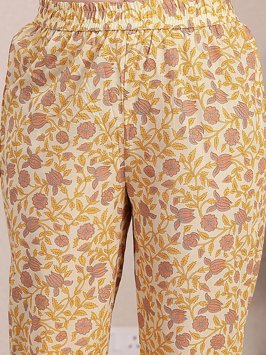 Yufta Yellow Pure Cotton A-Line Pleated Kurta Dupatta Pant Set