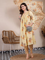 Thumbnail for Yufta Yellow Pure Cotton A-Line Pleated Kurta Dupatta Pant Set